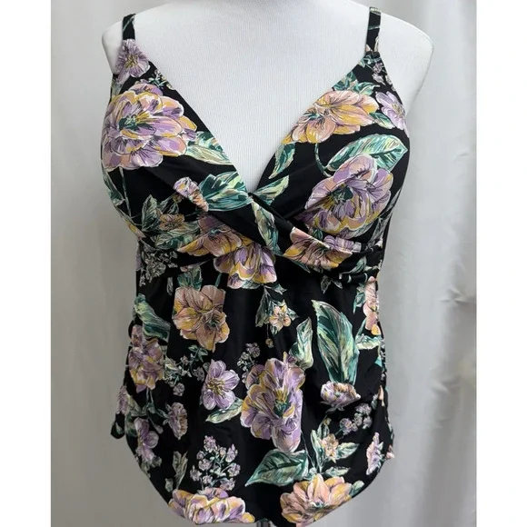 Freshwater Molded Cup Tankini Top Women's Size 2X Black & Floral Print - Picture 1 of 6